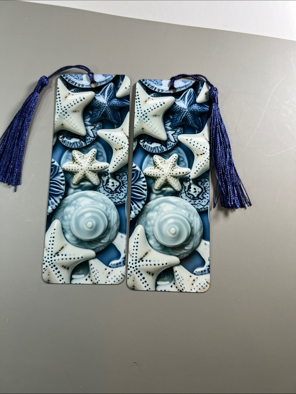 Hand Crafted Blue Seashell & Starfish Bookmark Pair with Navy Tassels